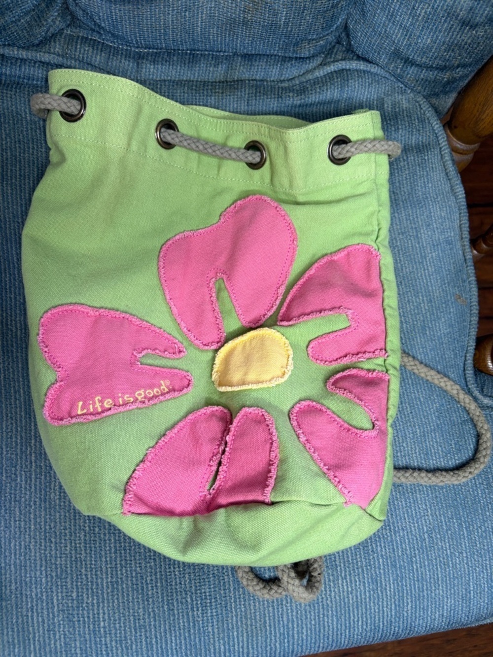 Life Is Good Green Canvas Drawstring Backpack with Pink Flower